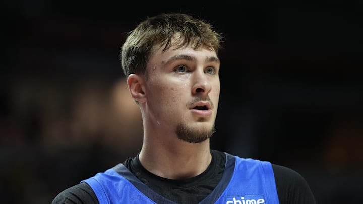 Jul 12, 2025; Las Vegas, NV, USA; Dallas Mavericks forward Cooper Flagg (32) looks on against the San Antonio Spurs in the second quarter of their game at Thomas & Mack Center. Mandatory Credit: Candice Ward-Imagn Images