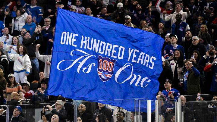 Nov 16, 2025; New York, New York, USA; General view of a flag being waved by New York Rangers staff during the second period against the Detroit Red Wings at Madison Square Garden. Nov 16, 2025; New York, New York, USA; General view of a flag being waved by New York Rangers staff during the second period against the Detroit Red Wings at Madison Square Garden.