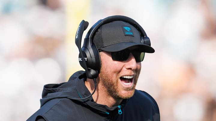 Nov 16, 2025; Jacksonville, Florida, USA; Jacksonville Jaguars head coach Liam Coen reacts to a touchdown against the Los Angeles Chargers during the third quarter at EverBank Stadium. Mandatory Credit: Morgan Tencza-Imagn Images