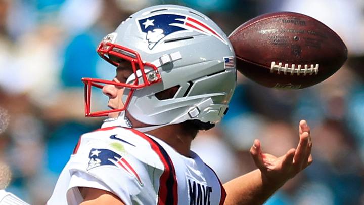 New England Patriots quarterback Drake Maye (10) loses the ball on a fumble turnover during the first quarter of an NFL football matchup at EverBank Stadium on Sunday, Sept. 27, 2026, in Jacksonville, Fla. [Corey Perrine/Florida Times-Union]