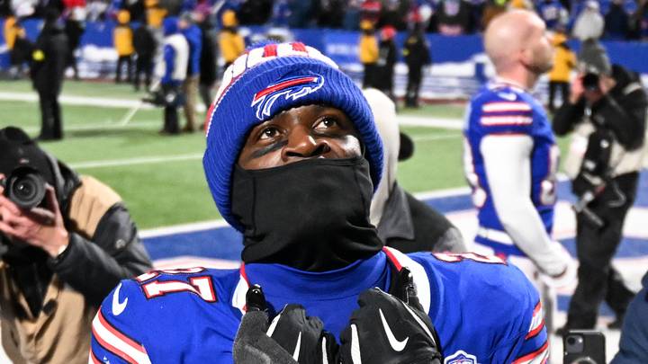 Jan 4, 2026; Orchard Park, New York, USA; Buffalo Bills cornerback Tre'davious White (27) reacts after the game against the New York Jets at Highmark Stadium. Mandatory Credit: Mark Konezny-Imagn Images