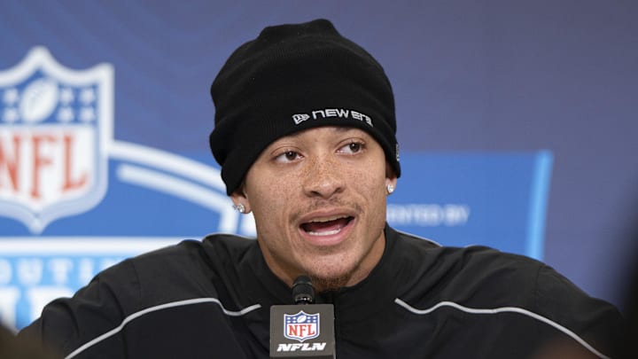 Feb 26, 2026; Indianapolis, IN, USA; Clemson defensive back Avieon Terrell (DB31) speaks to media members during the NFL Combine at the Indiana Convention Center. Mandatory Credit: Jacob Musselman-Imagn Images