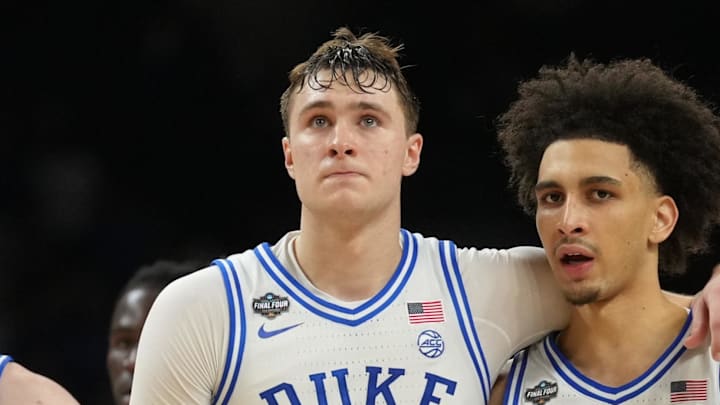 Apr 5, 2025; San Antonio, TX, USA;  Duke Blue Devils forward Cooper Flagg (2) and Duke Blue Devils guard Tyrese Proctor (5) react against the Houston Cougars in the semifinals of the men's Final Four of the 2025 NCAA Tournament at the Alamodome. Mandatory Credit: Robert Deutsch-Imagn Images