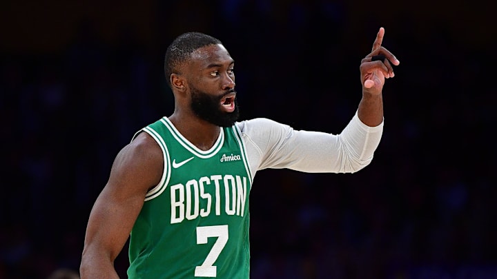 Feb 22, 2026; Los Angeles, California, USA; Boston Celtics guard Jaylen Brown (7) reacts after scoring three point basket against the Los Angeles Lakers during the second half at Crypto.com Arena. Mandatory Credit: Gary A. Vasquez-Imagn Images