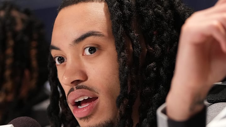 Mar 16, 2023; Greensboro, NC, USA; Providence Friars guard Alyn Breed (0) during a press conference at Greensboro Coliseum. Mandatory Credit: Bob Donnan-Imagn Images