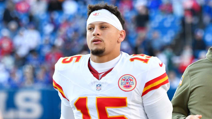 Nov 2, 2025; Orchard Park, New York, USA; Kansas City Chiefs quarterback Patrick Mahomes (15) walks the sideline before the game against the Buffalo Bills at Highmark Stadium. Mandatory Credit: Mark Konezny-Imagn Images