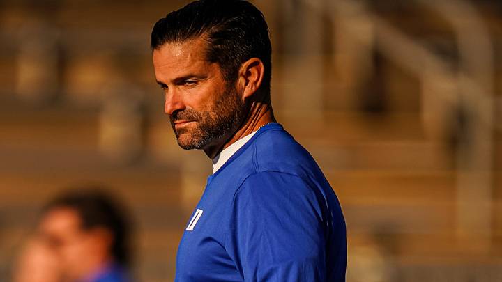 Nov 8, 2025; East Hartford, Connecticut, USA; Duke Blue Devils head coach Manny Diaz on the field for warm-up before the start of the game against the UConn Huskies at Pratt & Whitney Stadium at Rentschler Field. Mandatory Credit: David Butler II-Imagn Images