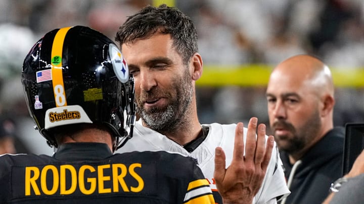 Pittsburgh Steelers quarterback Aaron Rodgers (8) and Cincinnati Bengals quarterback Joe Flacco (16) shake hands after the fourth quarter of the NFL Week 7 game between the Cincinnati Bengals and the Pittsburgh Steelers at Paycor Stadium in downtown Cincinnati on Thursday, Oct. 16, 2025. The Bengals won, 33-31. Pittsburgh Steelers quarterback Aaron Rodgers (8) and Cincinnati Bengals quarterback Joe Flacco (16) shake hands after the fourth quarter of the NFL Week 7 game between the Cincinnati Bengals and the Pittsburgh Steelers at Paycor Stadium in downtown Cincinnati on Thursday, Oct. 16, 2025. The Bengals won, 33-31.