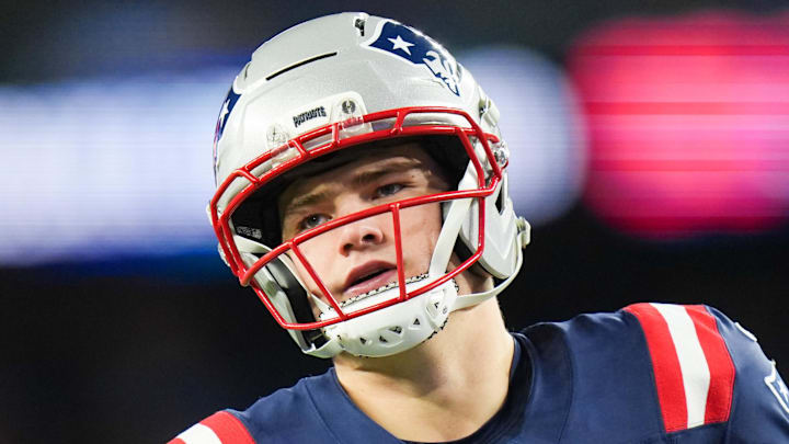 Jan 11, 2026; Foxborough, MA, USA; New England Patriots quarterback Drake Maye (10) warms up before the game against the Los Angeles Chargers in an AFC Wild Card Round game at Gillette Stadium. Mandatory Credit: David Butler II-Imagn Images