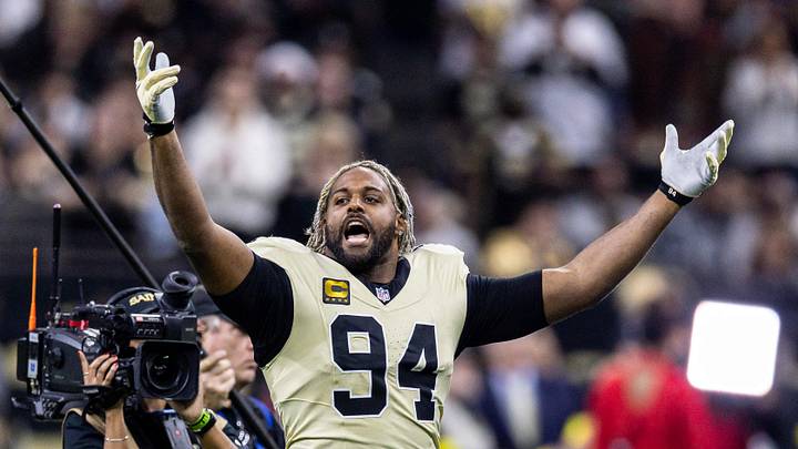 Dec 21, 2025; New Orleans, Louisiana, USA;  New Orleans Saints defensive end Cameron Jordan (94) during the run outs before the game against the New York Jets at Caesars Superdome. Mandatory Credit: Stephen Lew-Imagn Images