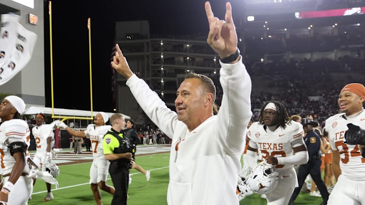 Texas Longhorns head coach Steve Sarkisian reacts after beating the Mississippi State Bulldogs. Mandatory Credit: Petre Thomas-Imagn Images