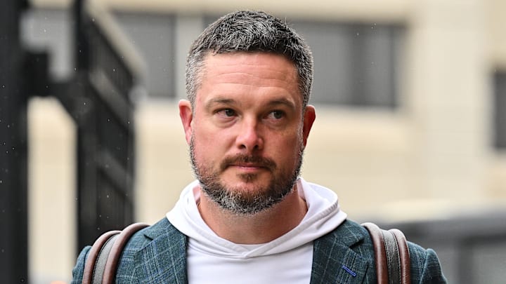 Nov 8, 2025; Iowa City, Iowa, USA; Oregon Ducks head coach Dan Lanning enters Kinnick Stadium before the game against the Iowa Hawkeyes. Mandatory Credit: Jeffrey Becker-Imagn Images