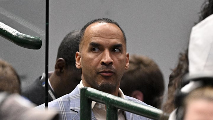 Apr 9, 2025; Dallas, Texas, USA; Dallas Mavericks general manger Nico Harrison look on during the third quarter against the Los Angeles Lakers at the American Airlines Center. Mandatory Credit: Jerome Miron-Imagn Images