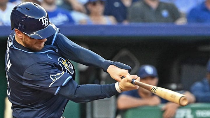 Tampa Bay Rays catcher Danny Jansen (19) drives in a run with a sacrifice hit in the fourth inning against the Kansas City Royals at Kauffman Stadium on June 24, 2025. Tampa Bay Rays catcher Danny Jansen (19) drives in a run with a sacrifice hit in the fourth inning against the Kansas City Royals at Kauffman Stadium on June 24, 2025.