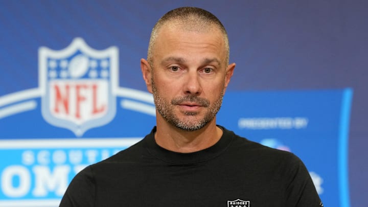 Feb 24, 2026; Indianapolis, IN, USA; Las Vegas Raiders general manager John Spytek speaks at the NFL Scouting Combine at the Indiana Convention Center. Mandatory Credit: Kirby Lee-Imagn Images