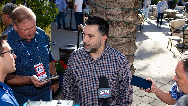 Nov 8, 2023; Scottsdale, AZ, USA; Atlanta Braves president of baseball operations Alex Anthopoulos speaks to the media during the MLB General Manager's Meetings at Omni Scottsdale Resort & Spa. Mandatory Credit: Mark J. Rebilas-USA TODAY Sports