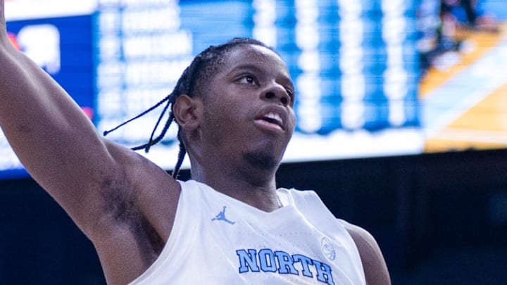 Nov 18, 2025; Chapel Hill, North Carolina, USA; North Carolina Tar Heels forward Caleb Wilson (8) goes up for a dunk against the Navy Midshipmen during the second half at Dean E. Smith Center. Mandatory Credit: Scott Kinser-Imagn Images Nov 18, 2025; Chapel Hill, North Carolina, USA; North Carolina Tar Heels forward Caleb Wilson (8) goes up for a dunk against the Navy Midshipmen during the second half at Dean E. Smith Center. Mandatory Credit: Scott Kinser-Imagn Images