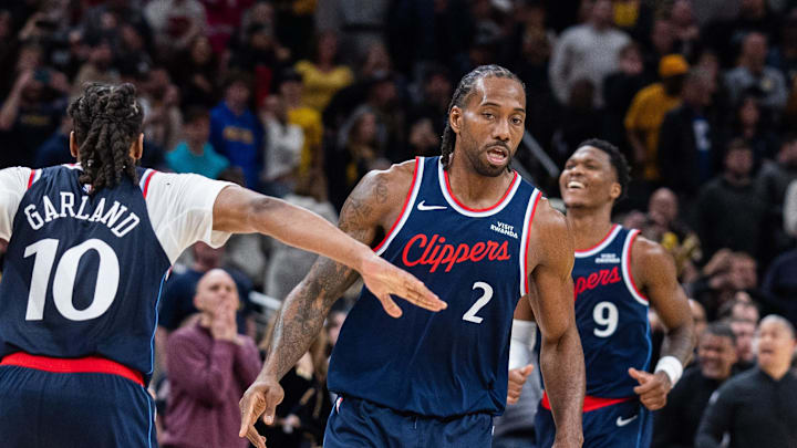 Mar 27, 2026; Indianapolis, Indiana, USA;  LA Clippers forward Kawhi Leonard (2) celebrates the game winning shot in the second half against the Indiana Pacers at Gainbridge Fieldhouse. Mandatory Credit: Trevor Ruszkowski-Imagn Images