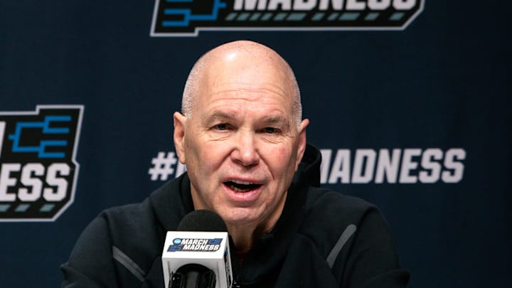 Mar 18, 2026; Oklahoma City, OK, USA; Saint Mary's Gaels head coach Randy Bennett gives an interview prior to a practice session ahead of the first round of the men's 2026 NCAA Tournament at Paycom Center. Mandatory Credit: William Purnell-Imagn Images