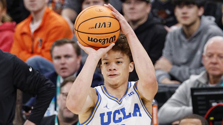 Mar 14, 2026; Chicago, IL, USA; UCLA Bruins guard Trent Perry (0) shoots against the Purdue Boilermakers during the first half at United Center. Mandatory Credit: Kamil Krzaczynski-Imagn Images Mar 14, 2026; Chicago, IL, USA; UCLA Bruins guard Trent Perry (0) shoots against the Purdue Boilermakers during the first half at United Center. Mandatory Credit: Kamil Krzaczynski-Imagn Images