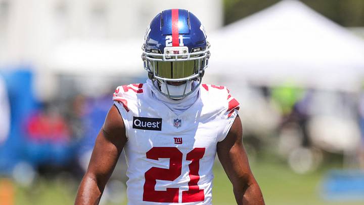 New York Giants cornerback Paulson Adebo participates in a drill during training camp. New York Giants cornerback Paulson Adebo participates in a drill during training camp.