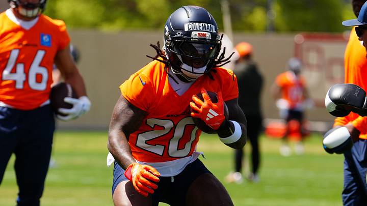Jun 16, 2026; Englewood, CO, USA; Denver Broncos running back Jonah Coleman (20) during mini camp at Broncos Park. Jun 16, 2026; Englewood, CO, USA; Denver Broncos running back Jonah Coleman (20) during mini camp at Broncos Park.