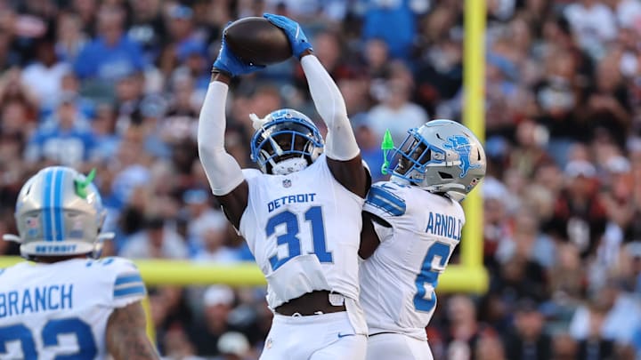 Detroit Lions safety Kerby Joseph (31) intercepts a pass during the second quarter against the Cincinnati Bengals Detroit Lions safety Kerby Joseph (31) intercepts a pass during the second quarter against the Cincinnati Bengals