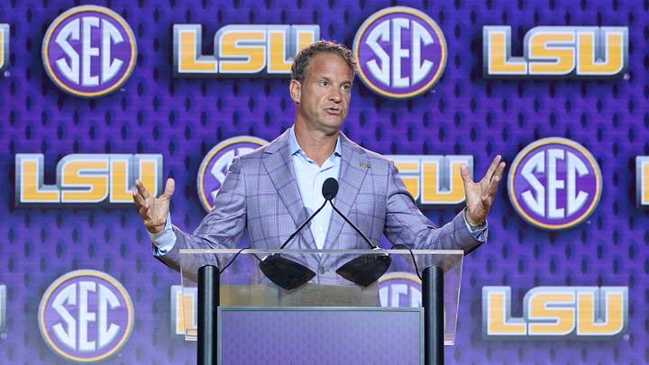 LSU Tigers head coach Lane Kiffin speaks to the press during SEC Football Kickoff Media Day at the Tampa Marriott. LSU Tigers head coach Lane Kiffin speaks to the press during SEC Football Kickoff Media Day at the Tampa Marriott.