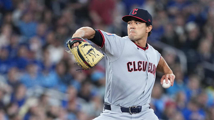 Apr 25, 2026; Toronto, Ontario, CAN; Cleveland Guardians starting pitcher Joey Cantillo (54) throws a pitch against the Toronto Blue Jays during the first inning at Rogers Centre. Mandatory Credit: Nick Turchiaro-Imagn Images