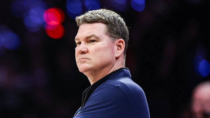 Feb 18, 2026; Tucson, Arizona, USA; Arizona Wildcats head coach Tommy Lloyd watches during the first half of the game against the Brigham Young Cougars at McKale Memorial Center. Mandatory Credit: Aryanna Frank-Imagn Images