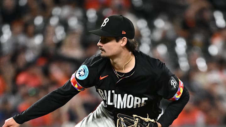 Aug 22, 2025; Baltimore, Maryland, USA;  Baltimore Orioles pitcher Kade Strowd (57) pitches against the Houston Astros during the sixth inning at Oriole Park at Camden Yards. Mandatory Credit: James A. Pittman-Imagn Images