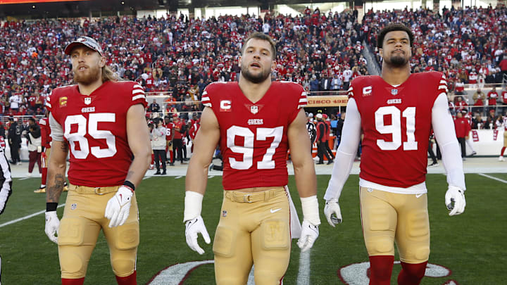 San Francisco 49ers captains George Kittle (85), Nick Bosa (97) and Arik Armstead (91)