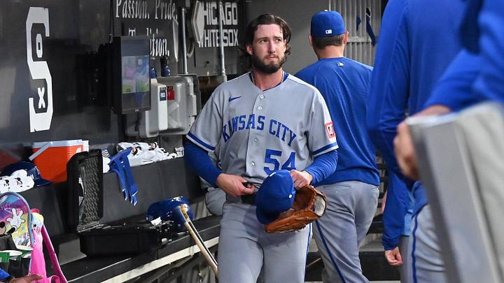 Jun 26, 2026; Chicago, Illinois, USA; Kansas City Royals pitcher Mitch Spence (54) reacts in the dugout after being relieved against the Chicago White Sox after giving up 10 runs during the third inning at Rate Field. Mandatory Credit: Patrick Gorski-Imagn Images