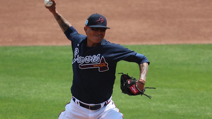 Mar 27, 2023; North Port, Florida, USA; Atlanta Braves starting pitcher Jessie Chavez (60) throws a pitch during the first inning against the Boston Red Sox at CoolToday Park. Mandatory Credit: Kim Klement-Imagn Images