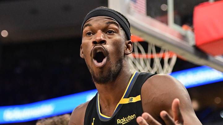 Feb 10, 2025; Milwaukee, Wisconsin, USA; Golden State Warriors forward Jimmy Butler (10) reacts in the fourth quarter against the Milwaukee Bucks at Fiserv Forum. Mandatory Credit: Benny Sieu-Imagn Images