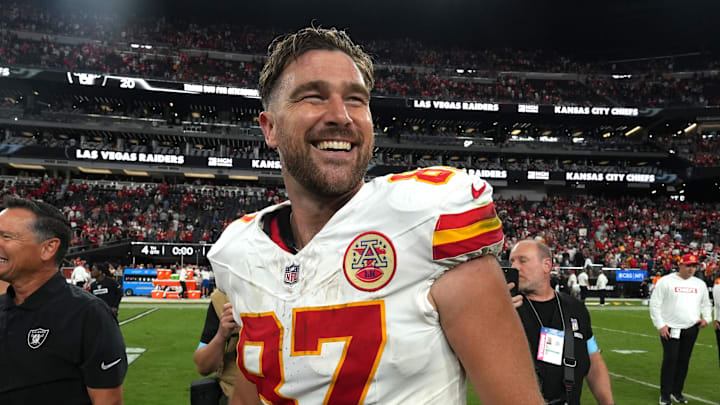 Oct 27, 2024; Paradise, Nevada, USA; Kansas City Chiefs tight end Travis Kelce (87) reacts after the game against the Las Vegas Raiders at Allegiant Stadium. Mandatory Credit: Kirby Lee-Imagn Images