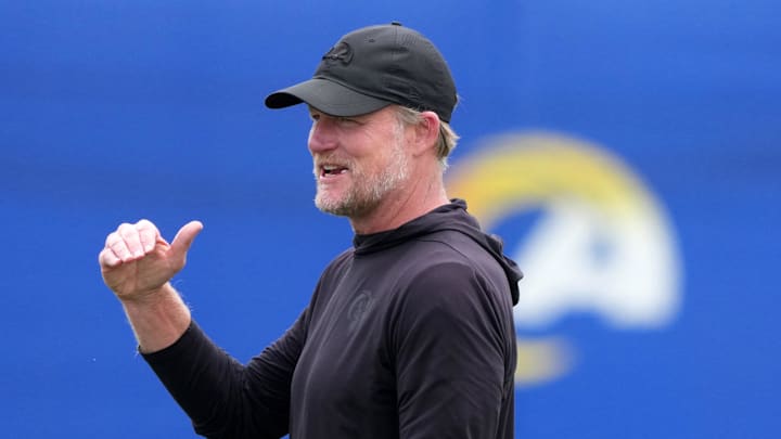 May 28, 2025; Woodland Hills, CA, USA; Los Angeles Rams general manager Les Snead reacts during organized team activities at Rams Practice Facility. Mandatory Credit: Kirby Lee-Imagn Images May 28, 2025; Woodland Hills, CA, USA; Los Angeles Rams general manager Les Snead reacts during organized team activities at Rams Practice Facility. Mandatory Credit: Kirby Lee-Imagn Images
