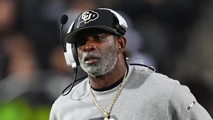 Oct 26, 2024; Boulder, Colorado, USA; Colorado Buffaloes head coach Deion Sanders walks the sidelines in the second half against the Cincinnati Bearcats at Folsom Field. Mandatory Credit: Ron Chenoy-Imagn Images