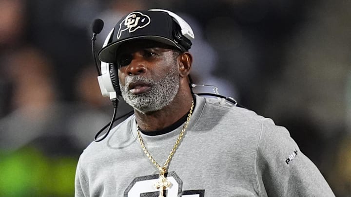 Oct 26, 2024; Boulder, Colorado, USA; Colorado Buffaloes head coach Deion Sanders walks the sidelines in the second half against the Cincinnati Bearcats at Folsom Field. Mandatory Credit: Ron Chenoy-Imagn Images