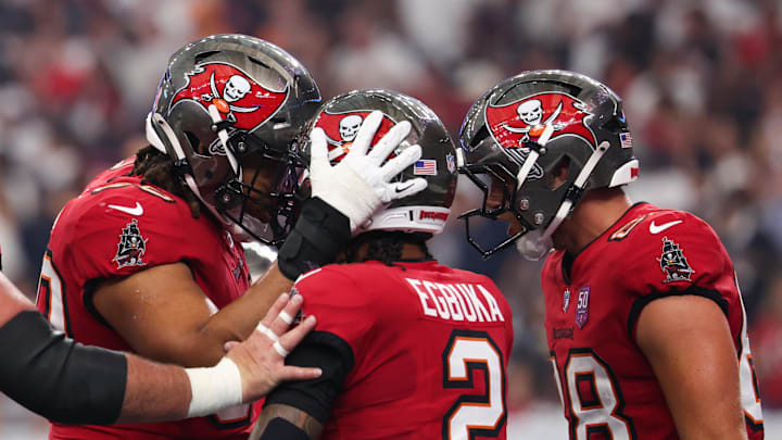 Tampa Bay Buccaneers wide receiver Emeka Egbuka (2) celebrates after scoring a touchdown during the second quarter.