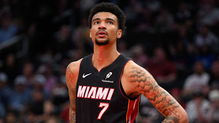 Mar 31, 2025; Washington, District of Columbia, USA; Miami Heat center Kel'el Ware (7) looks on during the second quarter against the Washington Wizards at Capital One Arena. Mandatory Credit: Reggie Hildred-Imagn Images