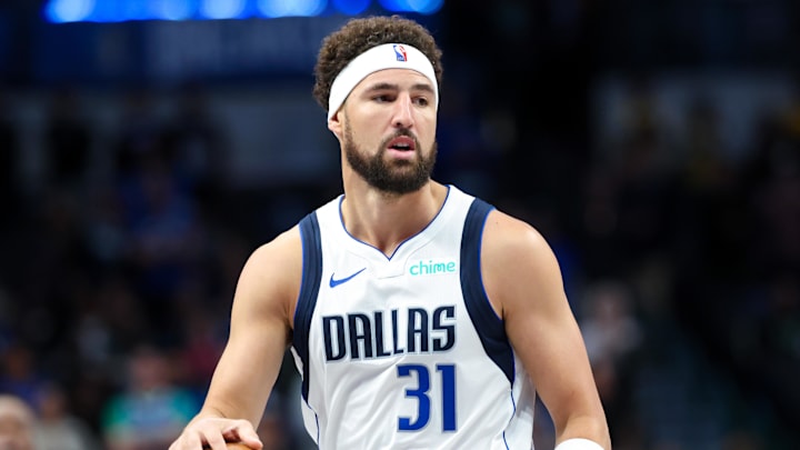 Oct 17, 2024; Dallas, Texas, USA;  Dallas Mavericks guard Klay Thompson (31) dribbles during the first half against the Milwaukee Bucks at American Airlines Center. Mandatory Credit: Kevin Jairaj-Imagn Images