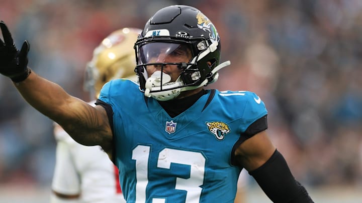 Jacksonville Jaguars wide receiver Christian Kirk (13) reacts to a reception during the third quarter of an NFL football game Sunday, Nov. 12, 2023 at EverBank Stadium in Jacksonville, Fla. The San Francisco 49ers defeated the Jacksonville Jaguars 34-3. [Corey Perrine/Florida Times-Union]