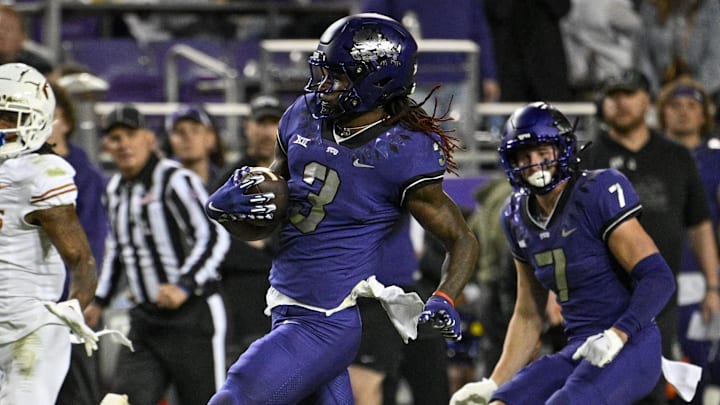Nov 11, 2023; Fort Worth, Texas, USA; TCU Horned Frogs wide receiver Savion Williams (3) in action during the game between the TCU Horned Frogs and the Texas Longhorns at Amon G. Carter Stadium. Mandatory Credit: Jerome Miron-Imagn Images