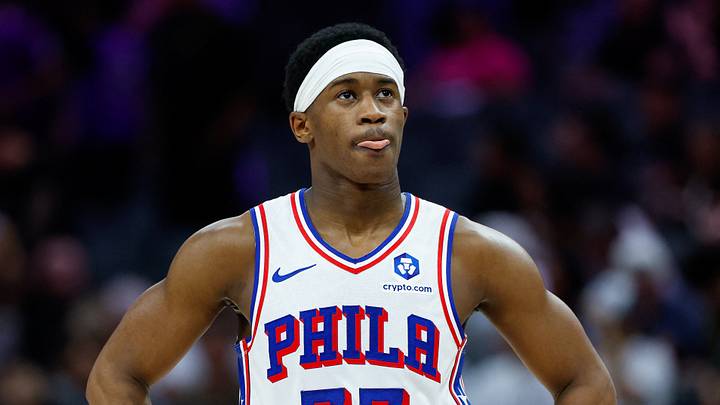 Sacramento, California, USA; Philadelphia 76ers guard Vj Edgecombe (77) looks on during the fourth quarter against the Sacramento Kings at Golden 1 Center on March 19, 2026. Sacramento, California, USA; Philadelphia 76ers guard Vj Edgecombe (77) looks on during the fourth quarter against the Sacramento Kings at Golden 1 Center on March 19, 2026.