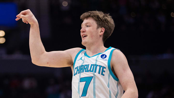 Feb 28, 2026; Charlotte, North Carolina, USA; Charlotte Hornets guard Kon Knueppel (7) celebrates a three point basket against the Portland Trail Blazers during the first quarter at Spectrum Center. Mandatory Credit: Scott Kinser-Imagn Images