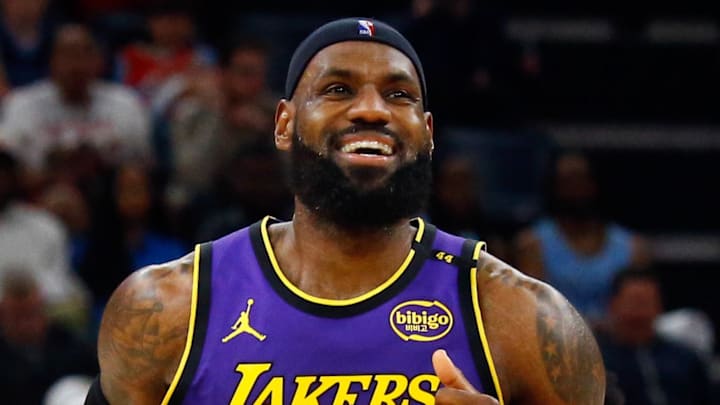 Mar 29, 2025; Memphis, Tennessee, USA; Los Angeles Lakers forward LeBron James (23) reacts during the second quarter against the Memphis Grizzlies at FedExForum. Mandatory Credit: Petre Thomas-Imagn Images