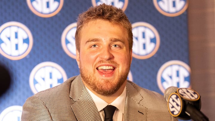 Jul 18, 2024; Dallas, TX, USA; Texas A&M offensive lineman Trey Zuhn III speaks to the media at Omni Dallas Hotel. Mandatory Credit: Brett Patzke-Imagn Images