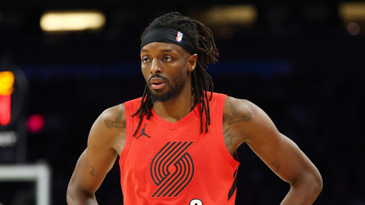 Feb 22, 2026; Phoenix, Arizona, USA; Portland Trail Blazers forward Jerami Grant (9) against the Phoenix Suns at Mortgage Matchup Center. Mandatory Credit: Mark J. Rebilas-Imagn Images