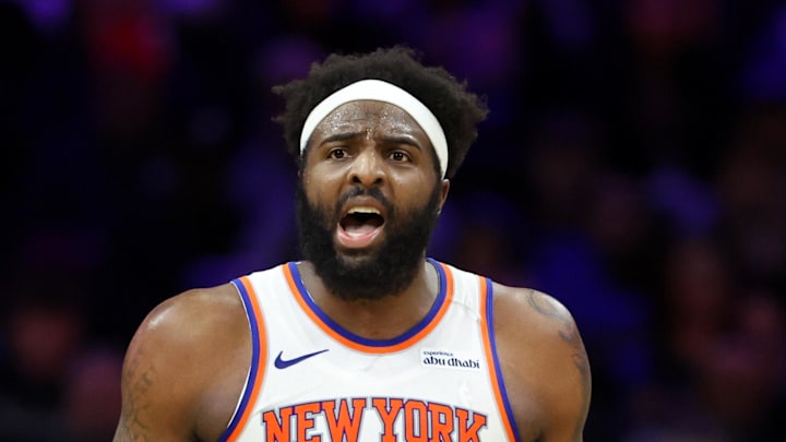 Jan 24, 2026; Philadelphia, Pennsylvania, USA; New York Knicks center Mitchell Robinson (23) reacts after a score against the Philadelphia 76ers during the third quarter at Xfinity Mobile Arena. Mandatory Credit: Bill Streicher-Imagn Images